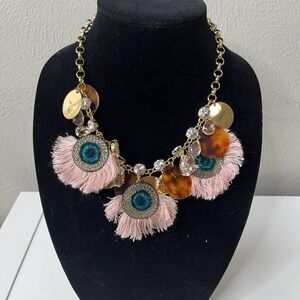 NWT VTG J Crew Brûlée Tortoise Peacock Statement Necklace Chunky Boho Festival